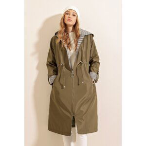 Bigdart 9091 Gathered Waist Hooded Trench Coat - Khaki