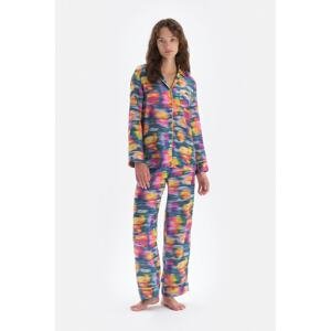 Dagi Multicolor Shirt Collar Printed Satin Pajamas Set