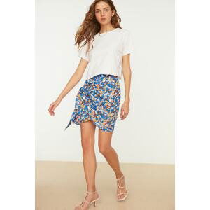 Trendyol Blue Mini Weave Tie Detailed Double Breasted Floral Print Skirt