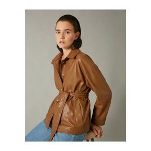 Koton Women's Tan Faux Leather Jacket with Belt