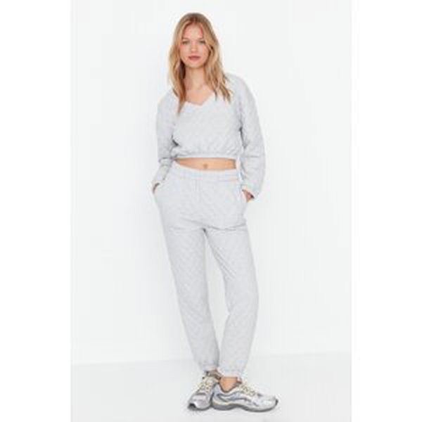 Trendyol Gray Crop Quilted Knitted Top and Bottom Set