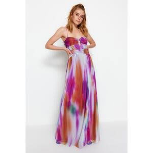 Trendyol Multi Color Knitted Abstract Patterned Tulle Long Evening Evening Dress
