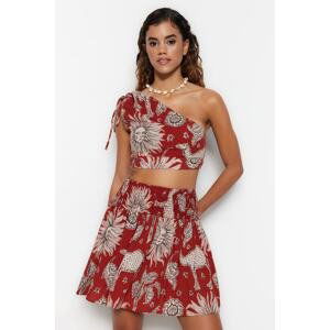 Trendyol Ethnic Patterned Woven Pleated One-Shoulder Blouse and Skirt Set