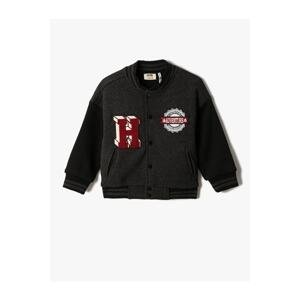Koton College Jacket with Applique Detailed Pockets, Round Neck Striped
