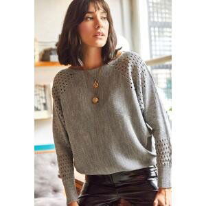 Olalook Women's Gray Bateau Oversized Knitwear Sweater with Openwork