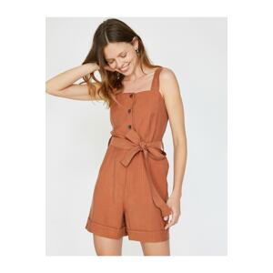 Koton Women's Brown Collar with Button Detailed Tie Waist, Pocket Detailed Rompers