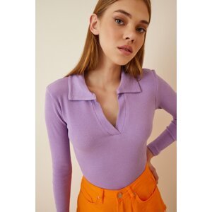 Happiness İstanbul Women's Lilac Polo Neck Corduroy Knitted Blouse