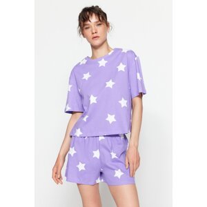 Trendyol Lilac 100% Cotton Star Printed T-shirt-Shorts Knitted Pajamas Set