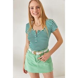 Olalook Women's Thick Striped Emerald Camisole Blouse with Snaps