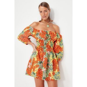 Trendyol Floral Patterned Mini Weave Pleated 100% Cotton Beach Dress