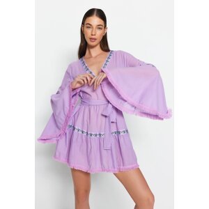 Trendyol Lilac Belted Mini Weave and Ruffled 100% Cotton Beach Dress