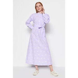 Trendyol Lilac Belted and Checkered Floral Patterned Half Paw Knitted Dress