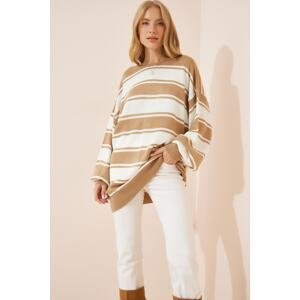 Happiness İstanbul Women's Biscuit White Striped Oversized Knitwear Sweater