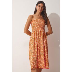 Happiness İstanbul Women's Orange Viscose Floral Summer Dress with Straps