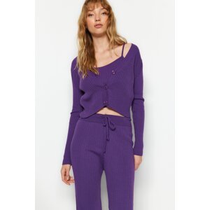 Trendyol Purple Ribbed Blouse, Cardigan Pants, Sweater Top-Top Suit