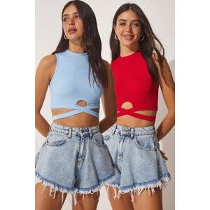 Happiness İstanbul Women's Red Blue 2-pack Halter Collar Corduroy Crop Knitted Blouse