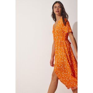 Happiness İstanbul Women's Orange Floral Viscose Summer Dress with One Button