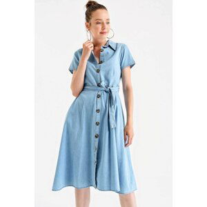 Bigdart 1677 Buttoned Waist Belt Denim Dress - Blue