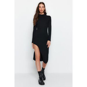 Trendyol Black Ribbed Deep Slit Detailed Fitted Midi Stretchy Knitted Dress