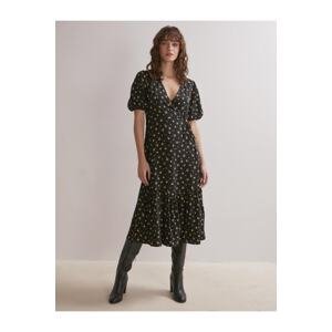 Jimmy Key Women's Black Floral Printed Flared Dress with Double Breasted Collar