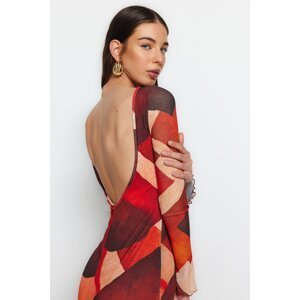 Trendyol Multi-colored Printed Special Textured Maxi Dress, Fitted with Back Detail, Flexible Knitted Dress