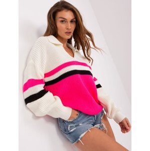 Ecru-fluo růžový oversize svetr s límečkem
