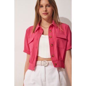 Happiness İstanbul Women's Dark Pink Summer Linen Viscose Jacket with Pockets and Short Sleeves