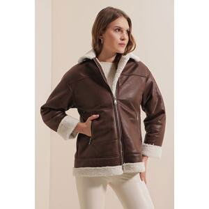 Bigdart 9103 Faux Fur Coat with Zipper - Brown