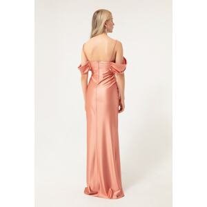 Lafaba Women's Salmon Slim Straps Double Breasted Collar Long Evening Dress with Slits.