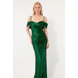 Lafaba Women's Emerald Green Evening Dress with Thin Straps, Double Breasted Neck and Slit.