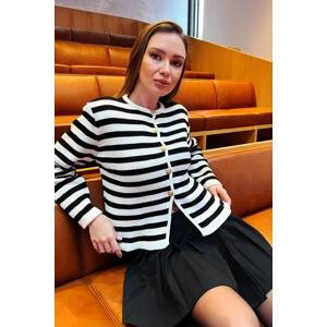 Lafaba Women's White Striped Crew Neck Padded Gold Button Detailed Knitwear Cardigan.