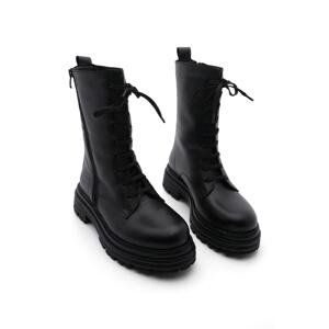 Marjin Women's Genuine Leather Boots Boots with Zipper and Lace-Up Thick Sole Daily Boots Viles Black.