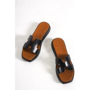 Capone Outfitters Capone Women's H-Strap Wedge Heels, Black Women's Leather Slippers.