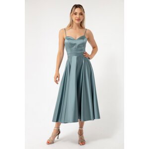 Lafaba Women's Turquoise Thin Straps Midi Satin Evening Dress.