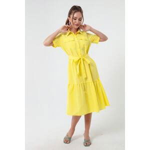 Lafaba Women's Yellow Covered Buttons and Belted Dress Wide Sizes