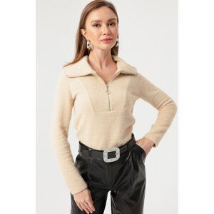 Lafaba Women's Beige Collar Zippered Sweater