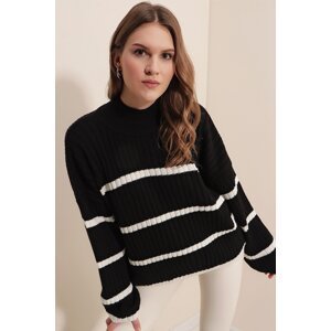 Bigdart 15804 Striped Oversized Turtleneck Sweater - Black