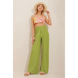 Trend Alaçatı Stili Women's Oil Green High Waist Pleated Textured Palazzo Pants