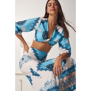 Happiness İstanbul Women's Light Blue Patterned Summer Blouse and Pants Suit