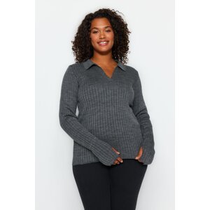 Trendyol Curve Anthracite Polo Neck Knitwear Sweater with Detailed Sleeves