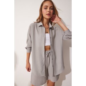 Happiness İstanbul Women's Gray Summer Linen Shirt Shorts Set