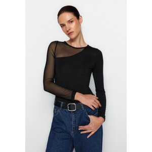Trendyol Black Tulle Detailed Knitted Body with Snap fastener