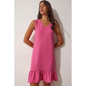Happiness İstanbul Women's Pink V-Neck Ruffles Summer Woven Dress