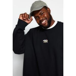 Trendyol Black Men's Plus Size Oversize Comfortable Animal Embroidered Pile Cotton Sweatshirt with a Soft Interior.