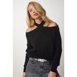 Happiness İstanbul Women's Black Open Shoulders Knitwear Sweater