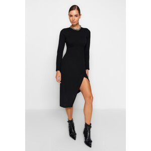 Trendyol Black Crew Neck Slit Detailed Fitted Midi Knitted Dress