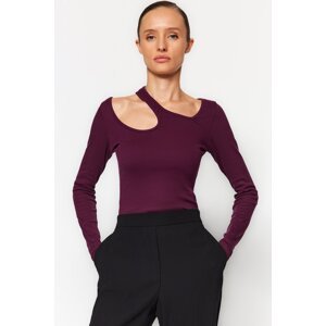 Trendyol Plum Corduroy Cut Out/Window Detail Fitted/Situated Cotton Knitted Blouse
