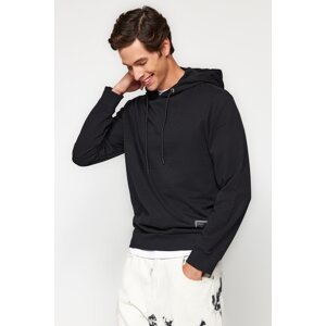 Trendyol Men's Black Regular/Regular Fit Hooded Labeled Fleece Thick Sweatshirt