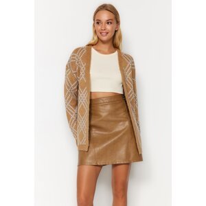 Trendyol Camel Oversize Midi Soft Textured Patterned Knitwear Cardigan