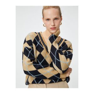 Koton Oversize Diamond Pattern Knitwear Sweater V-Neck
